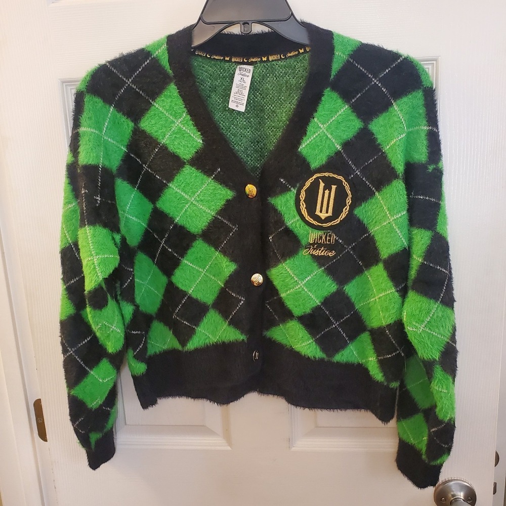 Wicked X Justice Cardigan Elphaba Green Fuzzy‎ girls XL (16/18) NWT preppy